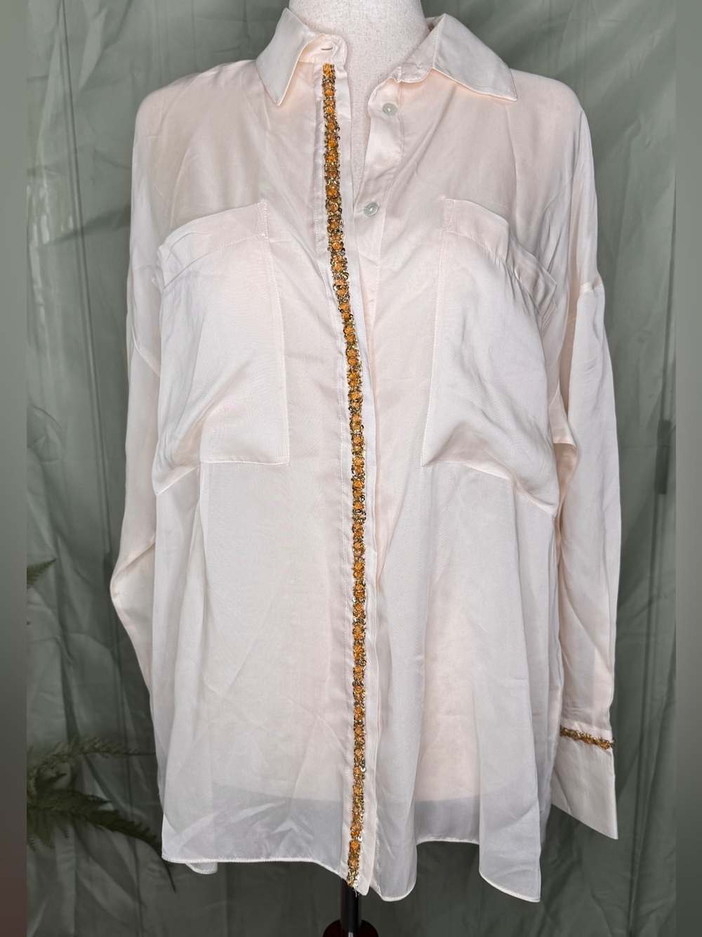 Zara Pale Blush Button-Down Shirt with Gold Trim